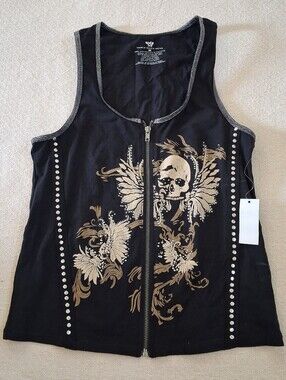 vance biker wear ♡ zip front tank top medium skull goth harley daddys angel